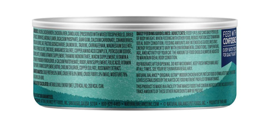 Back can of Natural Balance Original Ultra Indoor Chicken Recipe Wet Cat Food 5.5oz
