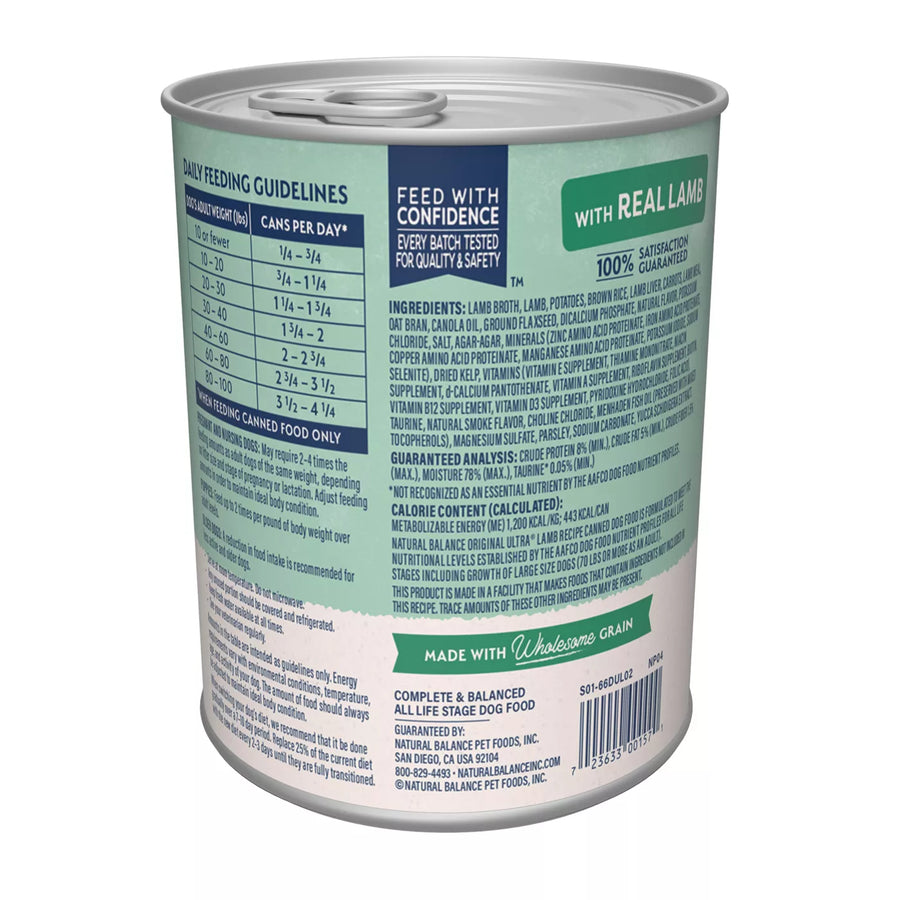 Back can of Natural Balance Original Ultra Lamb Canned Recipe Dog Wet 13oz