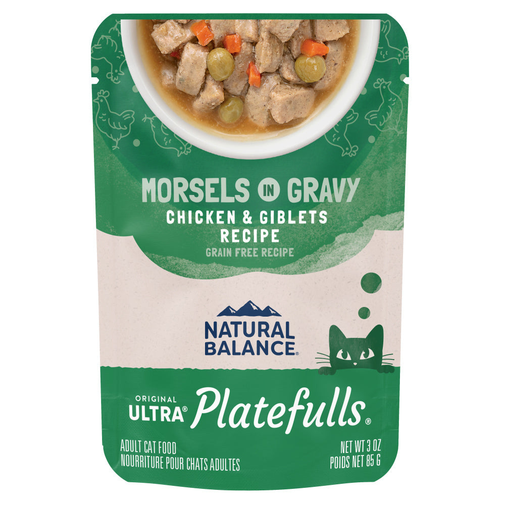 Front Pouch of Natural Balance Original Ultra Platefulls Chicken & Giblets Recipe Morsels in Gravy Cat Wet 3oz