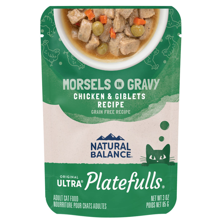 Front Pouch of Natural Balance Original Ultra Platefulls Chicken & Giblets Recipe Morsels in Gravy Cat Wet 3oz