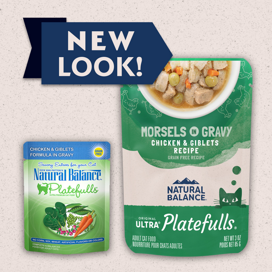 New packaging for Natural Balance Original Ultra Platefulls Chicken & Giblets Recipe Morsels in Gravy Cat Wet 3oz