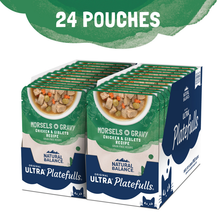 24 Pouch - Pack of Natural Balance Original Ultra Platefulls Chicken & Giblets Recipe Morsels in Gravy Cat Wet 3oz