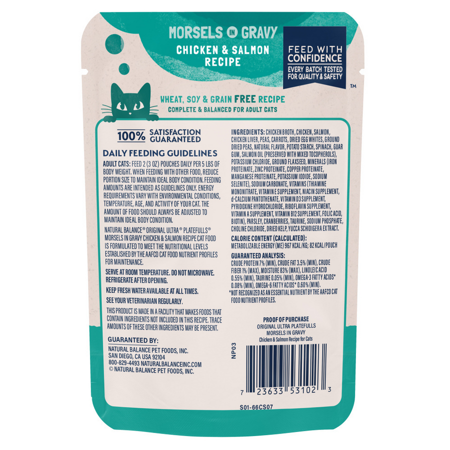 Back pouch of Natural Balance Original Ultra Platefulls Chicken & Salmon Recipe Morsels in Gravy Cat Wet 3oz 