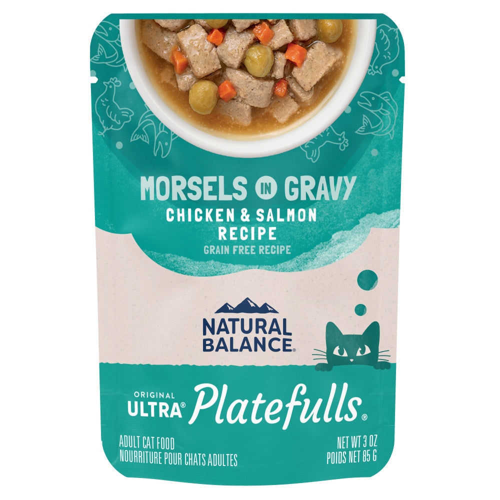 Front pouch of Natural Balance Original Ultra Platefulls Chicken & Salmon Recipe Morsels in Gravy Cat Wet 3oz 