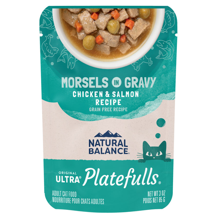Front pouch of Natural Balance Original Ultra Platefulls Chicken & Salmon Recipe Morsels in Gravy Cat Wet 3oz 