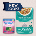 New packaging of Natural Balance Original Ultra Platefulls Chicken & Salmon Recipe Morsels in Gravy Cat Wet 3oz 