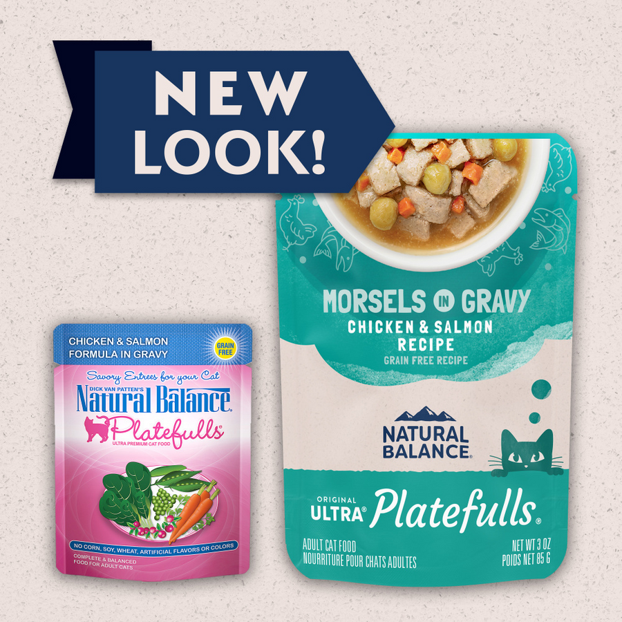 New packaging of Natural Balance Original Ultra Platefulls Chicken & Salmon Recipe Morsels in Gravy Cat Wet 3oz 