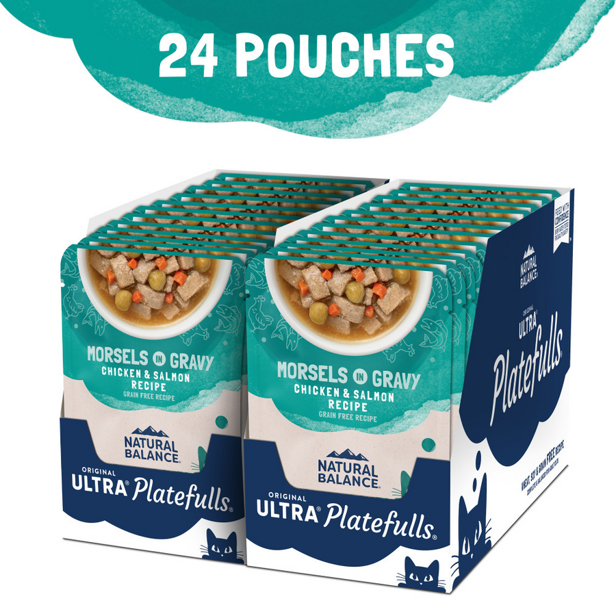 24 pouch pack of Natural Balance Original Ultra Platefulls Chicken & Salmon Recipe Morsels in Gravy Cat Wet 3oz