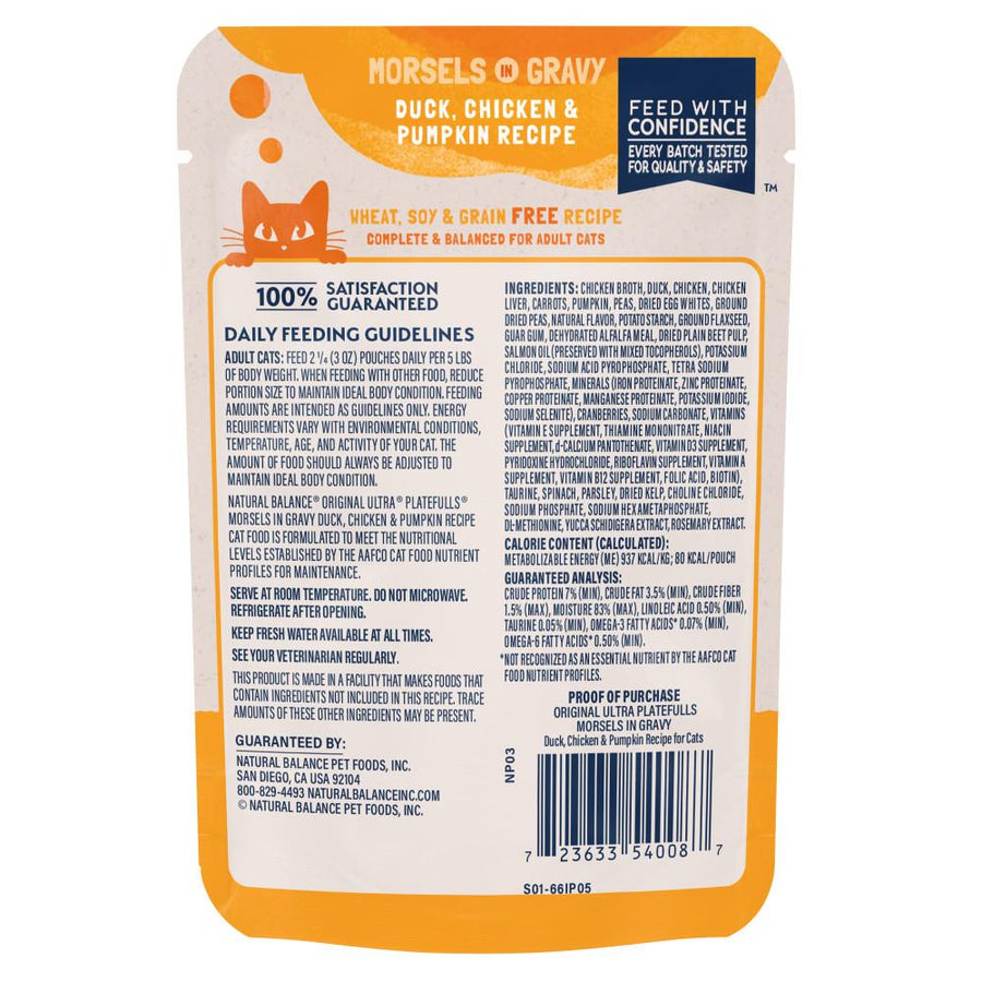Back pouch of Natural Balance Original Ultra Platefulls Duck, Chicken, & Pumpkin Recipe Morsels in Gravy Cat Wet