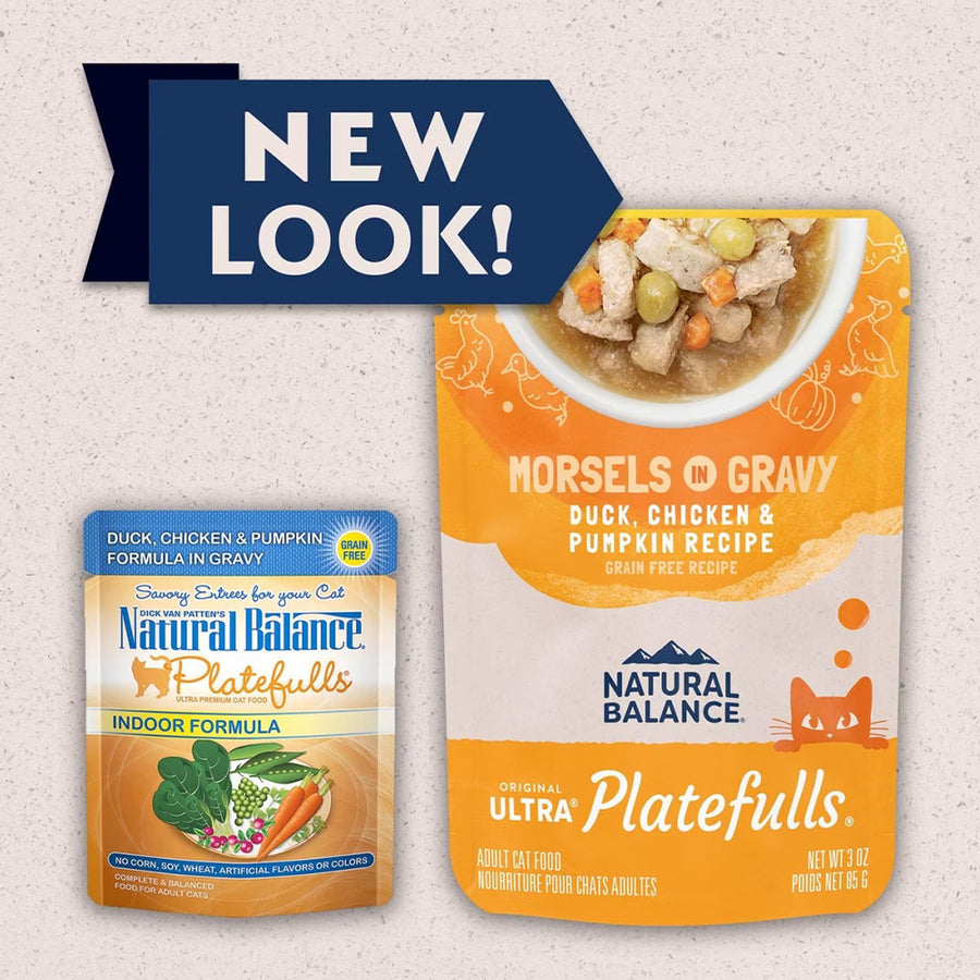 New Packaging for Natural Balance Original Ultra Platefulls Duck, Chicken, & Pumpkin Recipe Morsels in Gravy Cat Wet 3oz