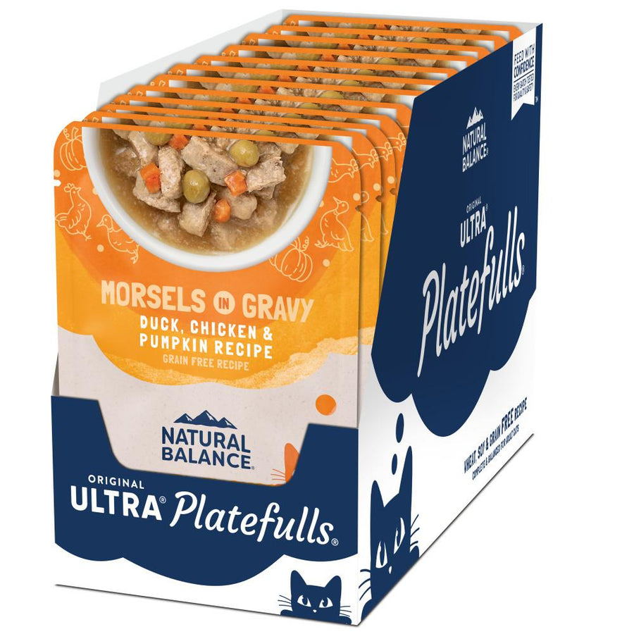 12 Pouch pack of Natural Balance Original Ultra Platefulls Duck, Chicken, & Pumpkin Recipe Morsels in Gravy Cat Wet 3oz