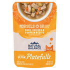Front Pouch of Natural Balance Original Ultra Platefulls Duck, Chicken, & Pumpkin Recipe Morsels in Gravy Cat Wet 3oz