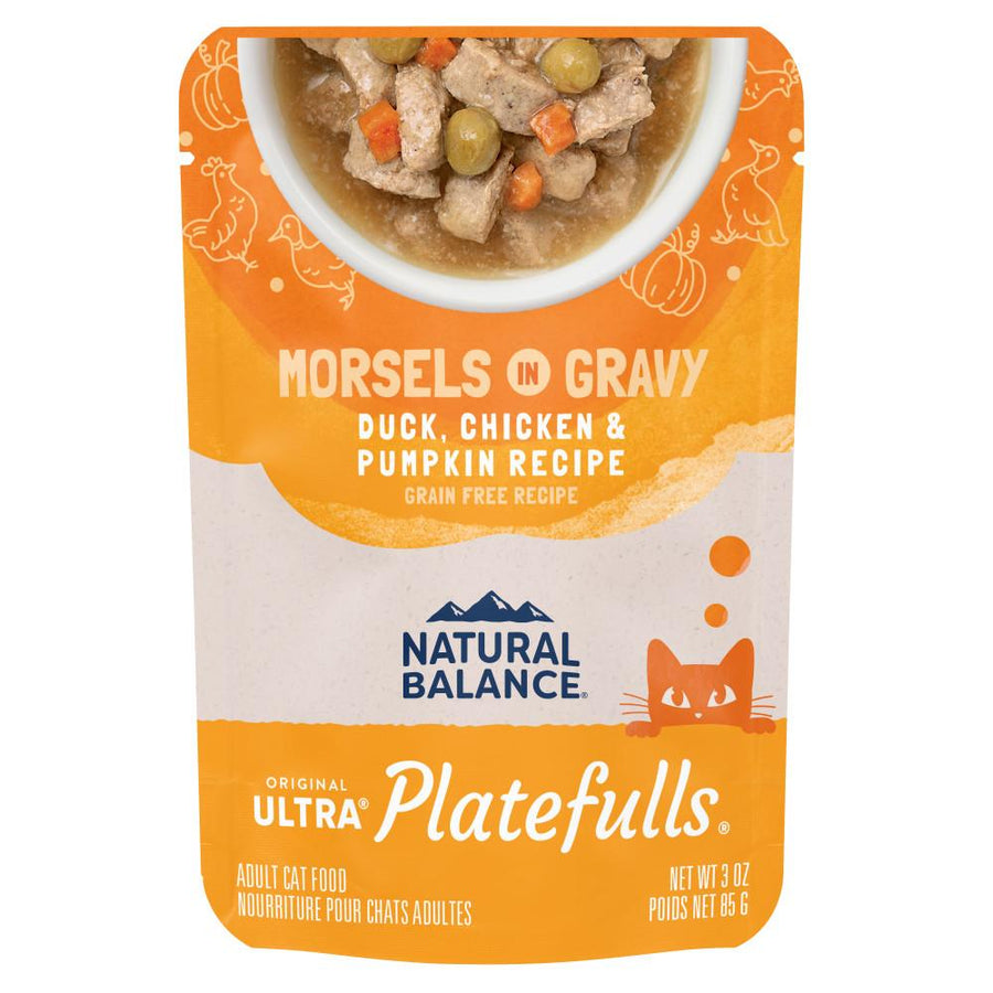 Front Pouch of Natural Balance Original Ultra Platefulls Duck, Chicken, & Pumpkin Recipe Morsels in Gravy Cat Wet 3oz