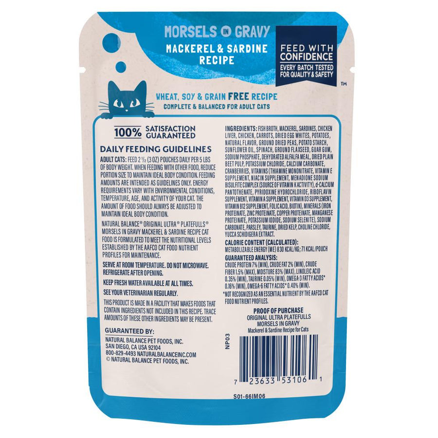Back pouch of Natural Balance Original Ultra Platefulls Mackerel & Sardine Recipe Morsels in Gravy Cat Wet 3oz 
