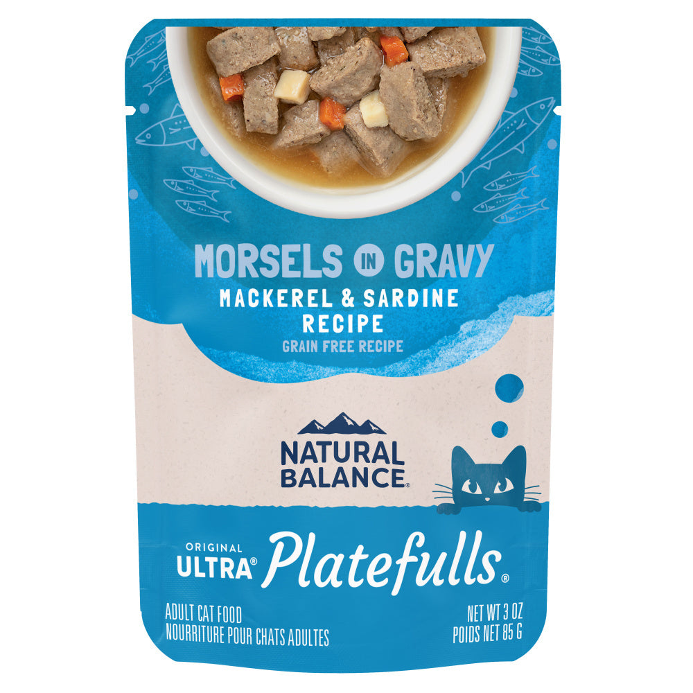 Front pouch of Natural Balance Original Ultra Platefulls Mackerel & Sardine Recipe Morsels in Gravy Cat Wet 3oz