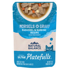 Front pouch of Natural Balance Original Ultra Platefulls Mackerel & Sardine Recipe Morsels in Gravy Cat Wet 3oz