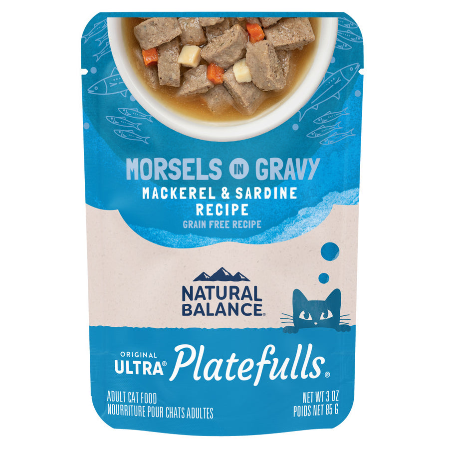 Front pouch of Natural Balance Original Ultra Platefulls Mackerel & Sardine Recipe Morsels in Gravy Cat Wet 3oz