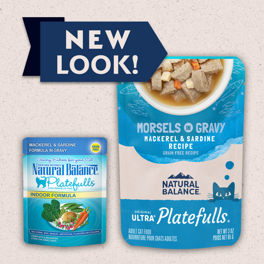 New packaging for Natural Balance Original Ultra Platefulls Mackerel & Sardine Recipe Morsels in Gravy Cat Wet 3oz