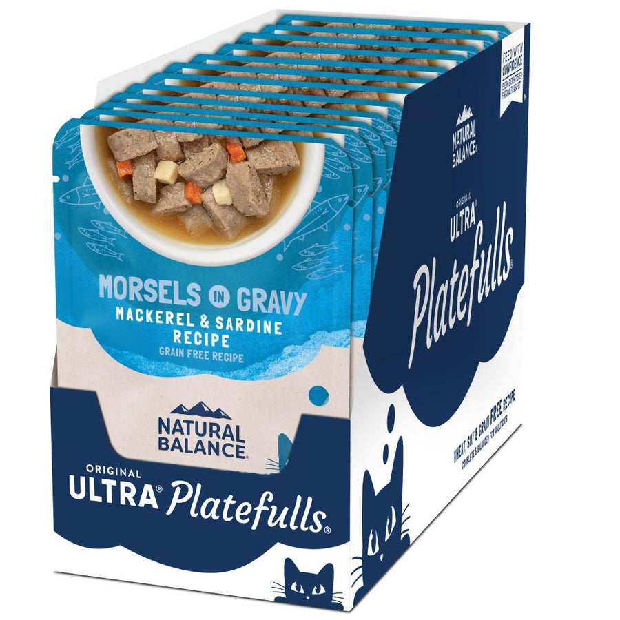 12 pouches-pack of Natural Balance Original Ultra Platefulls Mackerel & Sardine Recipe Morsels in Gravy Cat Wet 3oz