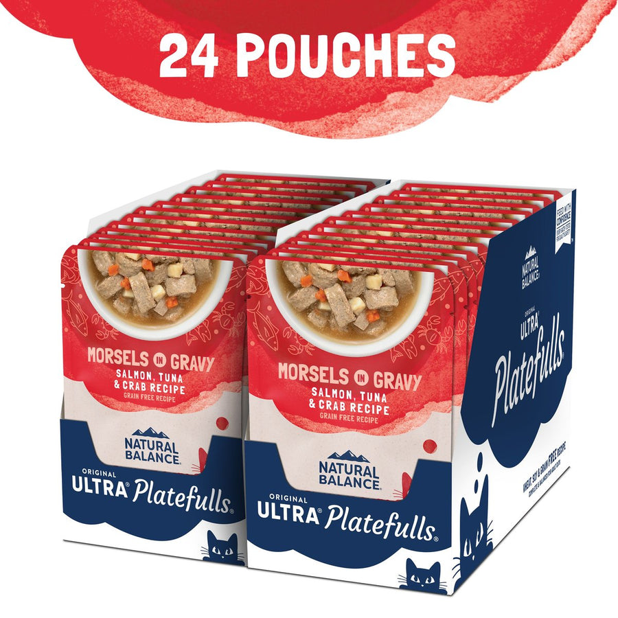 24 pouch pack of Natural Balance Original Ultra Platefulls Salmon, Tuna, & Crab Recipe Morsels in Gravy Cat Wet 3oz