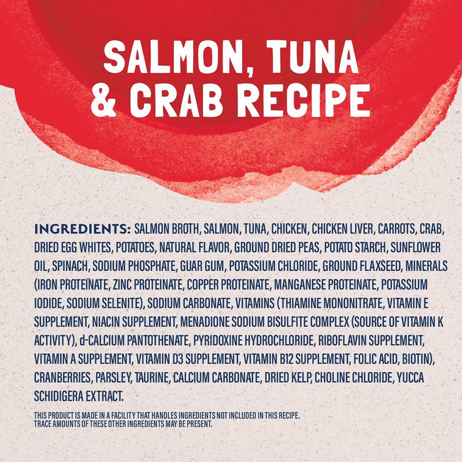 Ingredients list of Natural Balance Original Ultra Platefulls Salmon, Tuna, & Crab Recipe Morsels in Gravy Cat Wet 3oz 