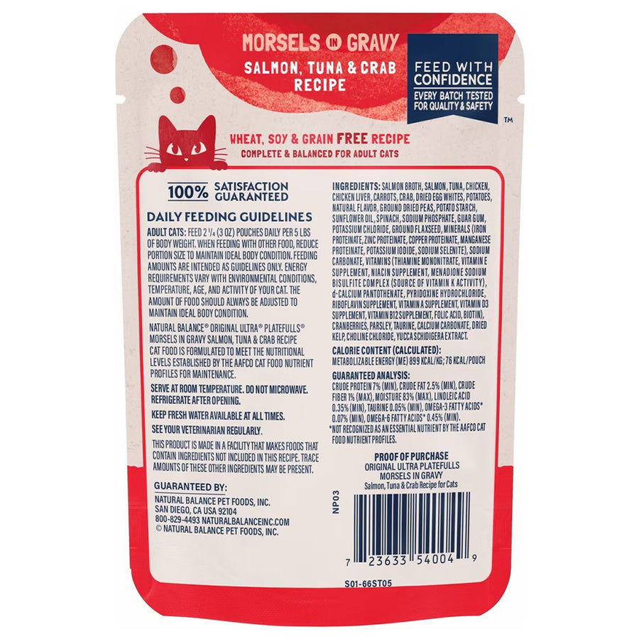 Back pouch of Natural Balance Original Ultra Platefulls Salmon, Tuna, & Crab Recipe Morsels in Gravy Cat Wet 3oz