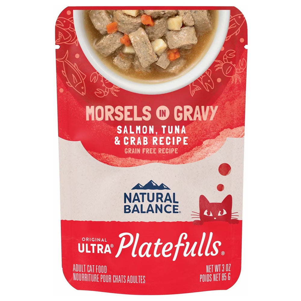 Front Pouch of Natural Balance Original Ultra Platefulls Salmon, Tuna, & Crab Recipe Morsels in Gravy Cat Wet 3oz