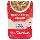 Front Pouch of Natural Balance Original Ultra Platefulls Salmon, Tuna, & Crab Recipe Morsels in Gravy Cat Wet 3oz