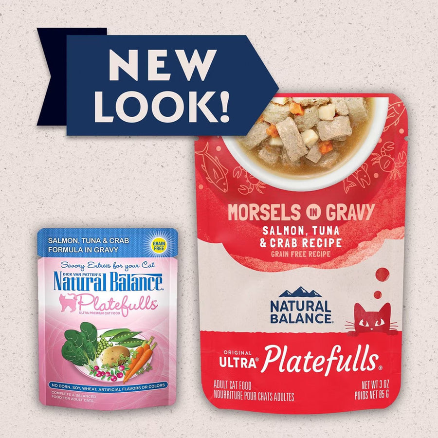 New Look of Natural Balance Original Ultra Platefulls Salmon, Tuna, & Crab Recipe Morsels in Gravy Cat Wet 3oz 