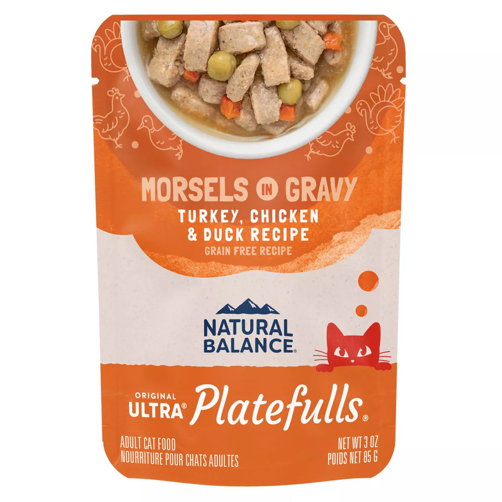 Front pouch of Natural Balance Original Ultra Platefulls Turkey, Chicken, & Duck Recipe Morsels in Gravy Cat Wet 3oz Grain Free