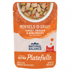 Front pouch of Natural Balance Original Ultra Platefulls Turkey, Chicken, & Duck Recipe Morsels in Gravy Cat Wet 3oz Grain Free