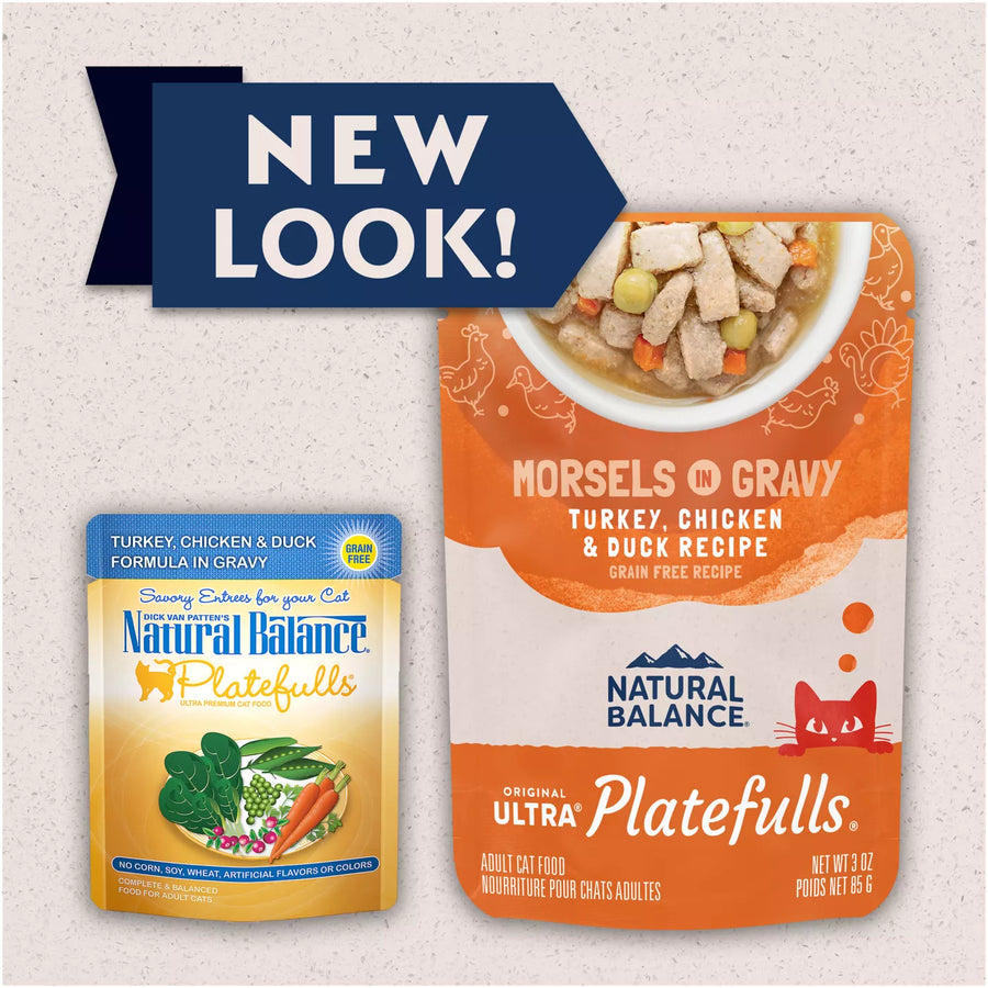 New Packaging for Natural Balance Original Ultra Platefulls Turkey, Chicken, & Duck Recipe Morsels in Gravy Cat Wet 3oz 
