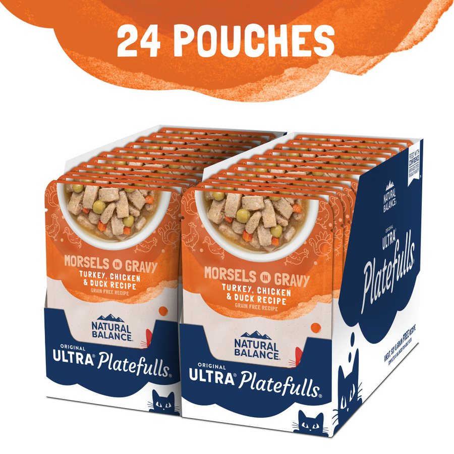 24 puches pack of Natural Balance Original Ultra Platefulls Turkey, Chicken, & Duck Recipe Morsels in Gravy Cat Wet 3oz