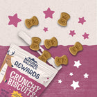 Natural Balance Rewards Bite-Size Crunchy Biscuits Small Breed With Real Venison Dog Treat, open pouch with spilled pieces
