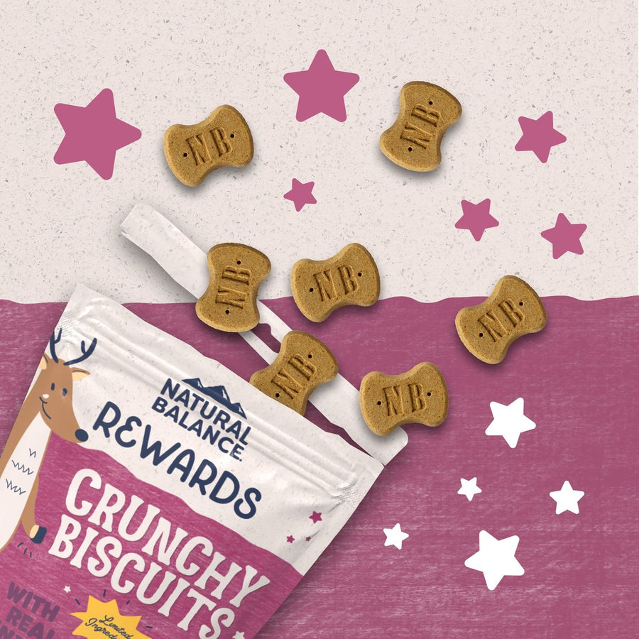 Natural Balance Rewards Bite-Size Crunchy Biscuits Small Breed With Real Venison Dog Treat, open pouch with spilled pieces