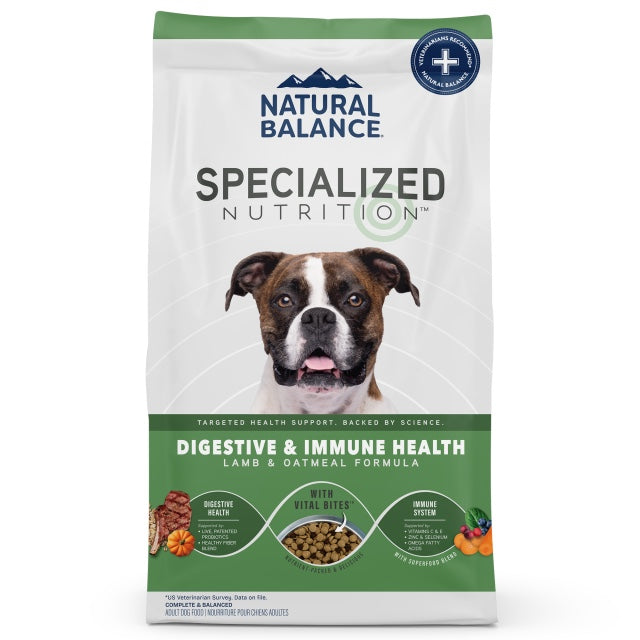 Natural Balance Specialized Nutrition Digestive & Immune Health Lamb & Oatmeal Dry Dog Food front of bag.