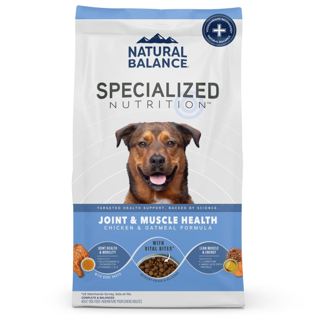 Natural Balance Specialized Nutrition Joint & Muscle Health Chicken & Oatmeal Dry Dog Food front of bag.