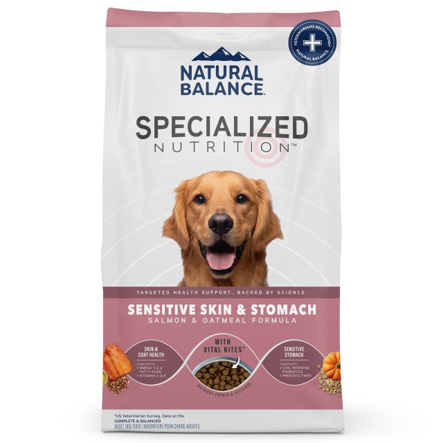 Natural Balance Specialized Nutrition Sensitive Skin & Stomach Salmon & Oatmeal Dry Dog Food front of bag.