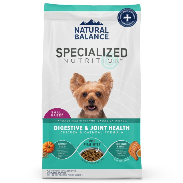 Natural Balance Specialized Nutrition Small Breed Digestive & Joint Health Chicken & Oatmeal Dry Dog Food front of bag.