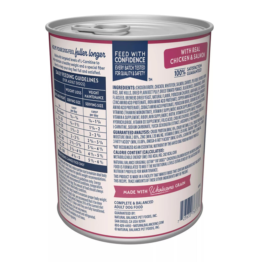 Back can of Natural Balance Targeted Nutrition Fat Dogs Chicken & Salmon Canned Dog Recipe Wet Dog Food 13oz