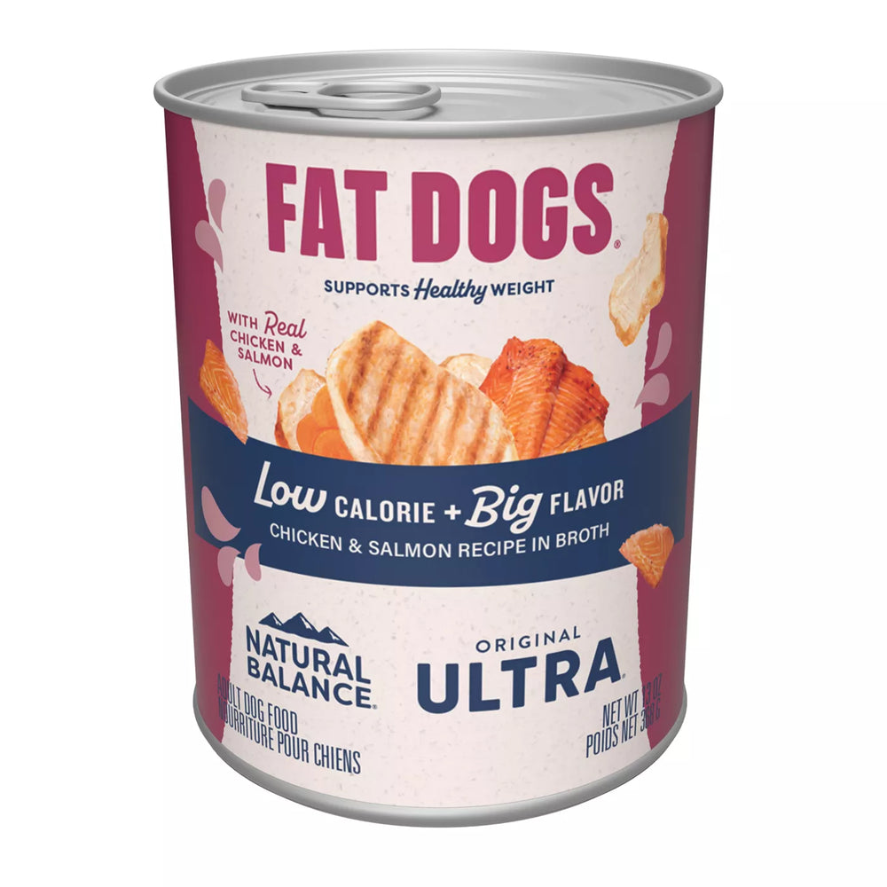 Front can of Natural Balance Targeted Nutrition Fat Dogs Chicken & Salmon Canned Dog Recipe Wet Dog Food 13oz
