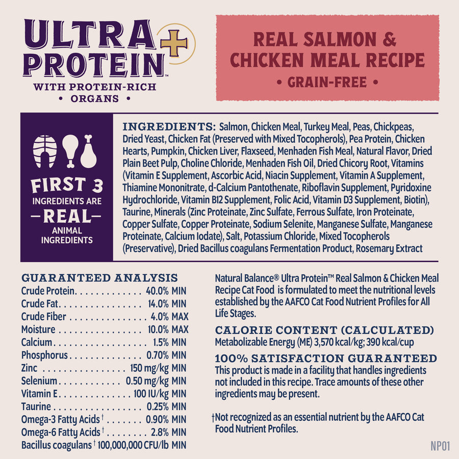 Natural Balance Ultra Protein Plus Skin & Coat and Digestive Health, Real Salmon & Chicken Recipe Dry Cat Food
