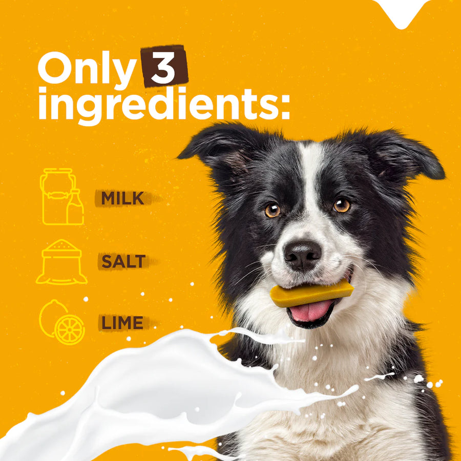 Natural Farm Large Yak Cheese Dog Chews uses only 3 ingredients, milk, salt and lime. 