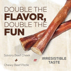 Double the Flavor, Double the Fun for Natural Farm Power Bully Stick Dog Chew, made with savory beef cheek & chewy beef pizzle equals Irresistible taste