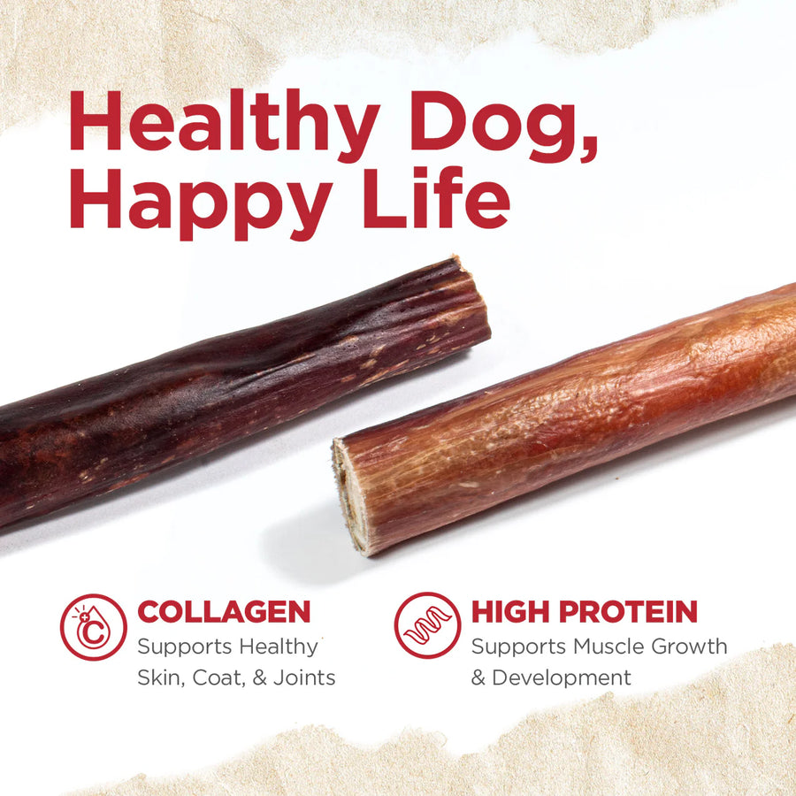 Happy Dog Happy Life with Double the Flavor, Double the Fun for Natural Farm Power Bully Stick Dog Chew, contains collagen that supports healthy skin, coat and joint and high protein that supports muscle growth & development