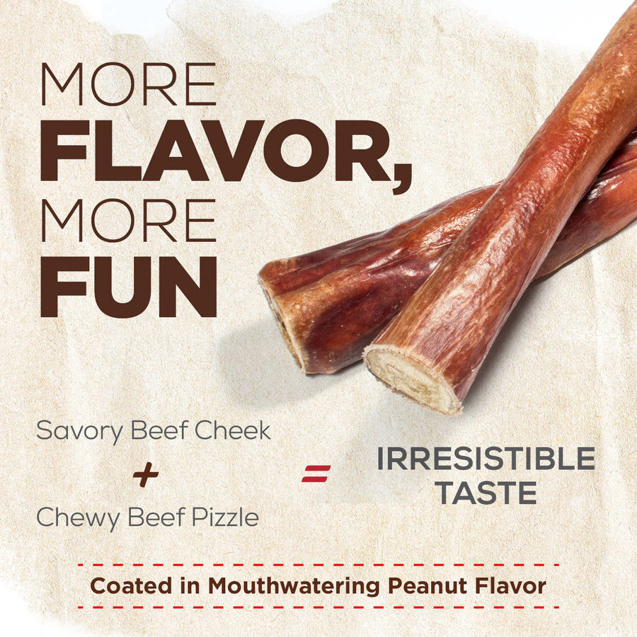 Natural Farm Power Bully Stick Peanut Butter Flavor Dog Chews are made of Savory Beef Cheek plus Chewy Beef Pizzle equals Irresistible Taste 