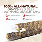 Natural Farm Power Fish Stick Dog Chew is made of 100% all- natural grass-fed beef and sustainably sourced tilapia