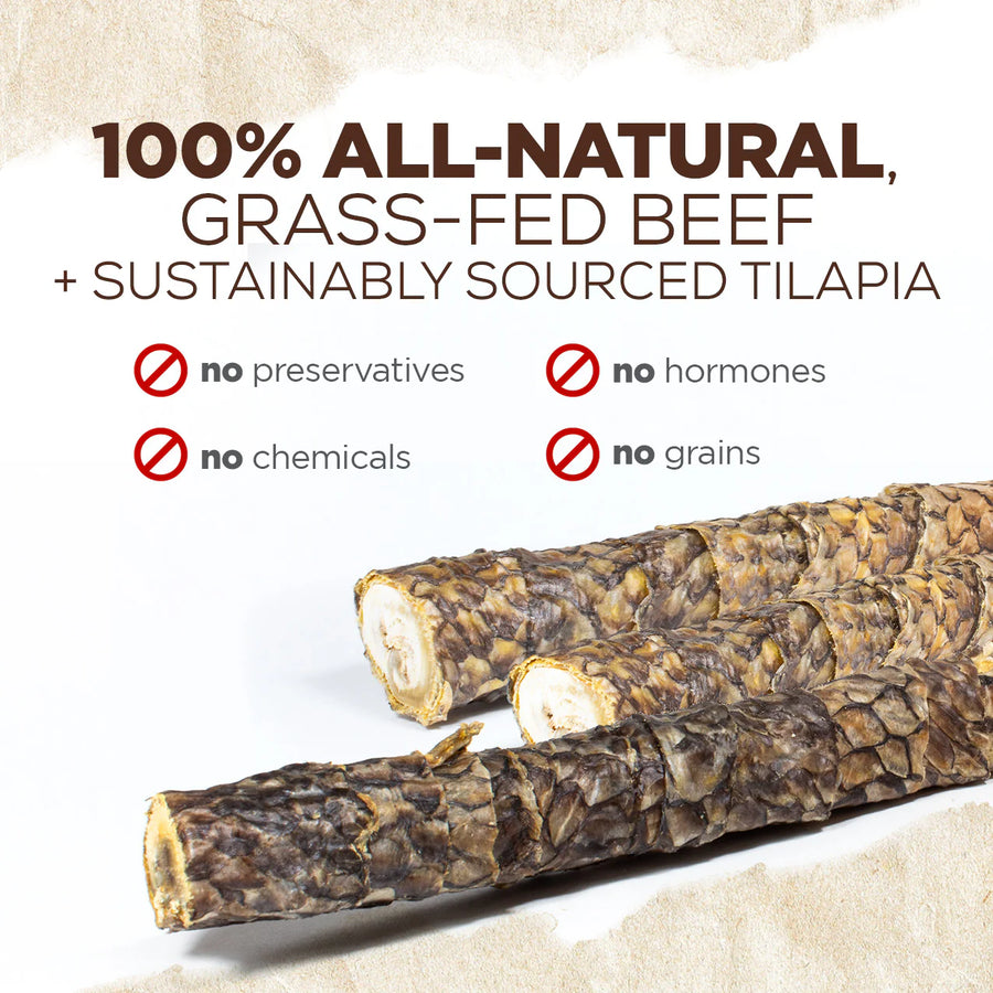 Natural Farm Power Fish Stick Dog Chew is made of 100% all- natural grass-fed beef and sustainably sourced tilapia