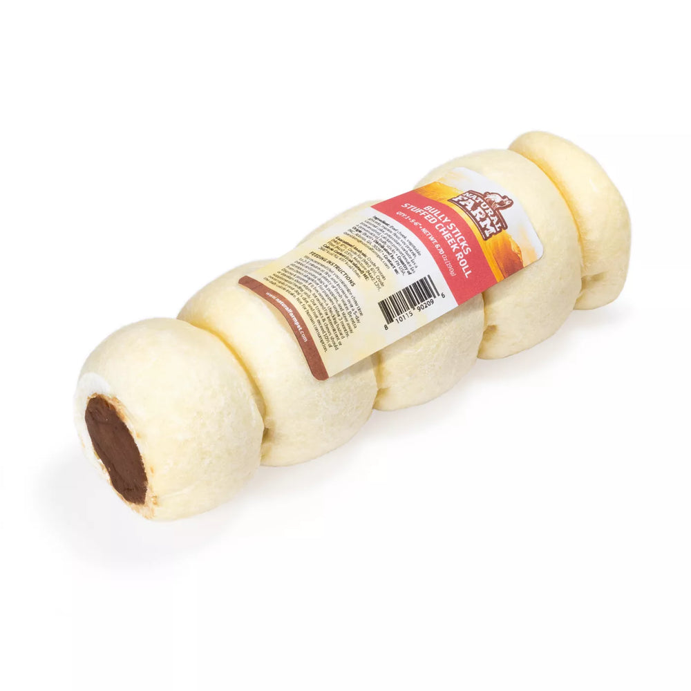 Sealed packaging of Natural Farm Stuffed Cheek Roll Bully Flavor Dog Chew