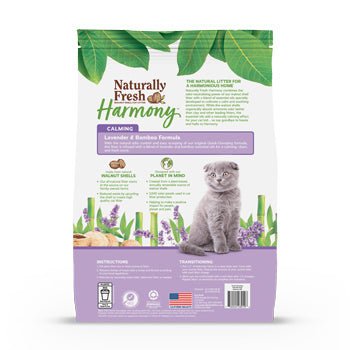 Naturally Fresh Harmony Calming Lavender,  Bamboo & Walnut Shell Clumping Cat Litter back of bag. 